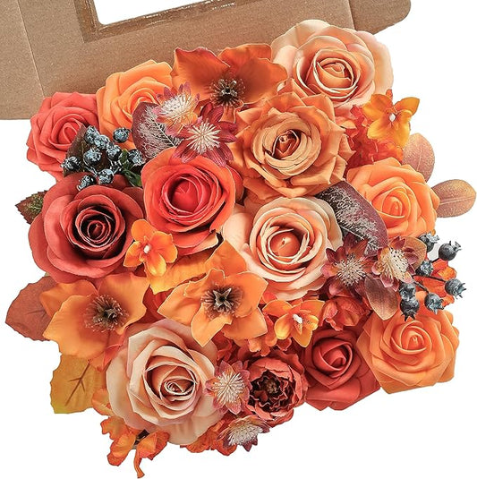 Orange Artificial Flowers Combo Box Set Fall Silk Flowers Fake Rose for DIY Floral Arrangements Wedding Bouquets Centerpieces Baby Shower Party Home Decorations