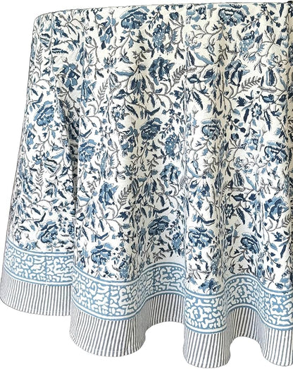 ATOSII Jodhpur Blue 100% Cotton Round Tablecloth, Handblock Print Floral Table Cloth for Kitchen Dining Linen I Parties, Weddings, Outdoors, Christmas I Fall Home Decor 72" Inches Round