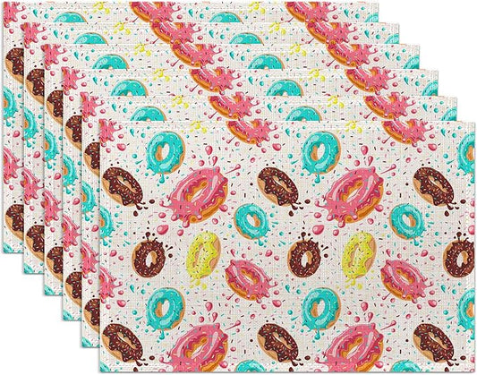 Doughnut Placemats Set of 6,Washable Heat Resistant 12×18 Inch Linen Table Mats Cute Place Mats for Party Outdoor Dining Décor