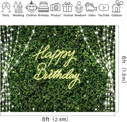 Riyidecor Green Happy Birthday Backdrop Polyester Fabric for Woman Rustic Spring Leaf Grass Neon 8Wx6H Feet Plant Botanical Leaves Nature Photography Background Birthday Baby Shower Photo Studio Shoot