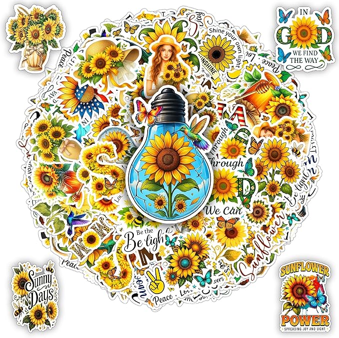 107 PCS Sunflower Stickers Pack, Floral Vinyl Waterproof Decals with Sunflowers Hummingbirds Butterflies, Gift for Teens Adults Students Birthday Christmas Laptop Water Bottle Scrapbook