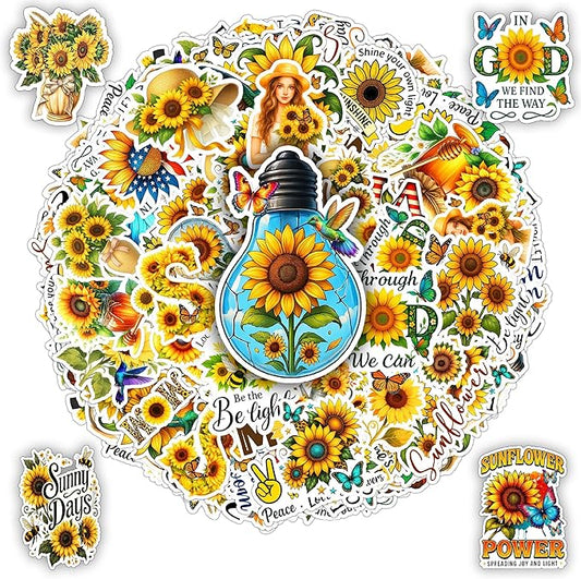 107 PCS Sunflower Stickers Pack, Floral Vinyl Waterproof Decals with Sunflowers Hummingbirds Butterflies, Gift for Teens Adults Students Birthday Christmas Laptop Water Bottle Scrapbook
