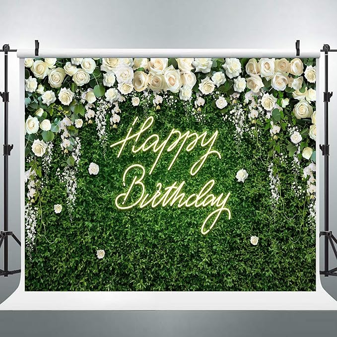 Riyidecor Green Leaves Birthday Backdrop Vinyl Neon White Rose Flower Floral Blossom Elegant Greenery Grass Wall Botanical Plant 10Wx8H Feet Photography Background Birthday Photo Studio Shoot