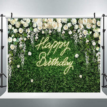 Riyidecor Green Leaves Birthday Backdrop Vinyl Neon White Rose Flower Floral Blossom Elegant Greenery Grass Wall Botanical Plant 10Wx8H Feet Photography Background Birthday Photo Studio Shoot