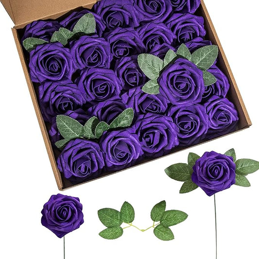 Artificial Flower Foam Rose 25pcs Real Looking Fake Rose with Stems Leaves for Home Decoration Party Garden Centerpieces DIY Wedding Bouquets（Purple）