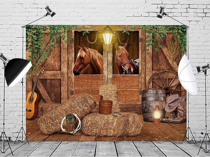 SVBright Western Cowboy Backdrop Stable Backdrop 7Wx5H Garage Door Wild West Horse Brown Barn Door Old Wood Wheels Boy Man Birthday Decorations Photography Background Photo Booth Studio