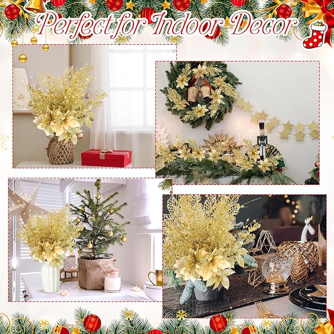 18 Pack 3 Styles 17 Inch Christmas Glitter Poinsettia Berry Stems Ornaments Artificial Floral Branches Picks for Christmas Tree Home Vase Holiday Party Decor(Gold)