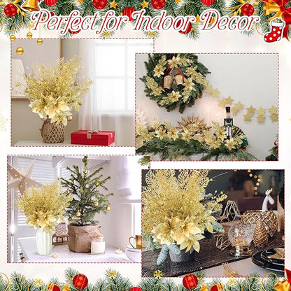 18 Pack 3 Styles 17 Inch Christmas Glitter Poinsettia Berry Stems Ornaments Artificial Floral Branches Picks for Christmas Tree Home Vase Holiday Party Decor(Gold)