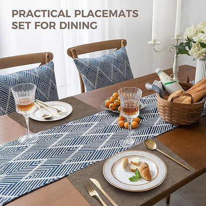 Vinyl Placemats Set of 6, Faux Leather Waterproof and Heat Resistant Place Mats, Washable Anti-Slip Table Mats with Coaster, Wipeable Placemats for Indoor & Outdoor 17" x 12" (Dark Coffee, Set of 6)