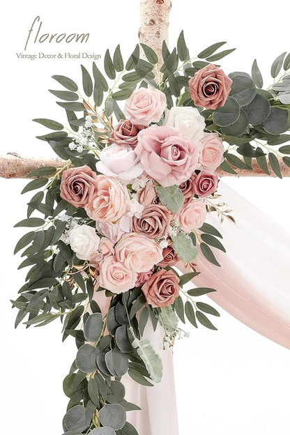 Floroom Arch Flowers with Drapes Kit (Pack of 4) - 2pcs Artificial Dusty Rose & Blush Floral Swag Arrangement with 2pcs Draping Fabric for Wedding Ceremony Arbor and Reception Backdrop Decoration