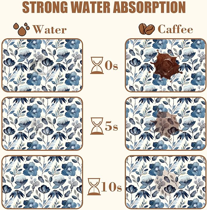 Blue Flowers Dish Drying Mat for Kitchen Counter Coffee Mat Hide Stain Absorbent Dish Drainer Rack Pad with Non-Slip Rubber Backed Espresso Machine Coffee Bar Accessories 11.8 x 19.7 Inch