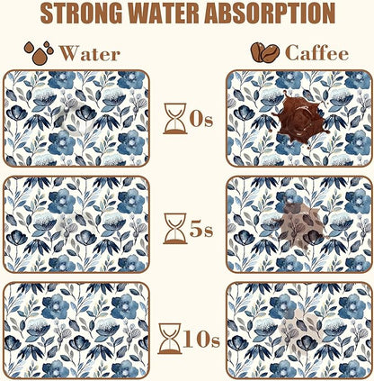 Blue Flowers Dish Drying Mat for Kitchen Counter Coffee Bar Mat Hide Stain Absorbent Coffee Mat with Non-Slip Rubber Backed Coffee Maker Espresso Machine Coffee Bar Accessories 15.7 x 23.6 Inch