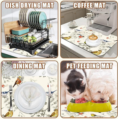 Cute Birds Coffee Mat Absorbent Dish Drying Mat for Kitchen Counter Hide Stain Rubber Backed Coffee Bar Accessories Fit Under Espresso Machine Dish Drainer, 15.7 x 23.6 Inch