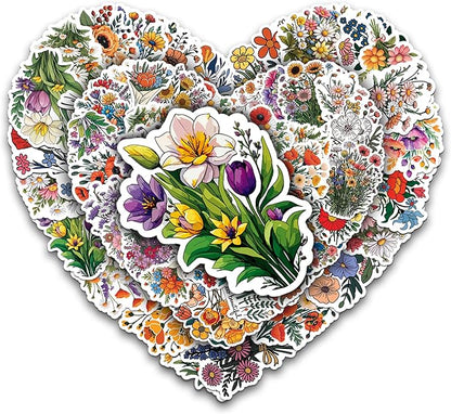Wild Flower Bunch Stickers 50 Pieces Vinyl Waterproof Decal for Laptop Water Bottle Phone Car Window Guitar Stakeboard Scrapbook Flowers Sticker Gifts