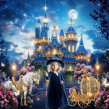 Riyidecor Princess Castle Backdrop Vinyl Fairy Tale Garden Floral Starry Night Moon Horse Carriage 10Wx8H Feet Butterfly Wonderland Photography Background Birthday Baby Shower Photo Studio Shoot