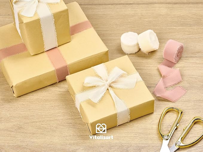 Vitalizart Pink & White Chiffon Silk Ribbon 1" x 21 Yd Fringe Fabric Package (3 Rolls * 7 Yd) for Wedding Invitations Bridal Bouquets Decorations Gifts Wrapping & Bow Making