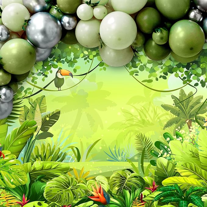 Riyidecor Jungle Safari Backdrop Fabric Polyester Green Animation Kids Rainforest Cartoon Photography Background 7Wx5H Feet Animal Decoration Celebration Props Party Photo Shoot Baby Shower Table