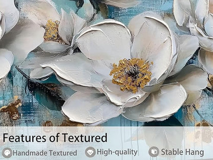 Ardemy Flower Wall Art for Living Room White Floral Canvas Art Wall Decor, Magnolia Teal Picture Textured Large Painting Turquoise Artwork Bedroom Dining Room Kitchen Home Office 48"x24"