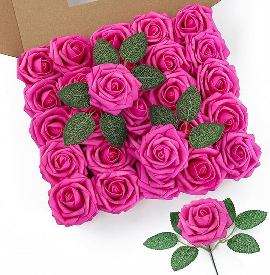 DuHouse 50Pcs Artificial Roses Flowers Fake Roses with Stems Real Touch Foam Flowers for DIY Wedding Bouquet Baby Shower Centerpiece Floral Arrangement Party Home Decor(Hot Pink)