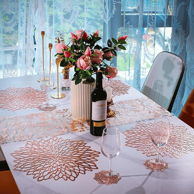Snowkingdom 18 Pack Rose Gold Placemats Bulk Metallic Pressed Vinyl for Mother's Day Dinning Table Decoration Floral Mats Round Floral Charger Decoration for Weddings Christmas Holiday