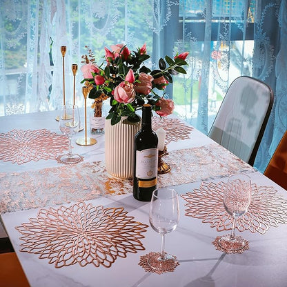 Snowkingdom 18 Pack Rose Gold Placemats Bulk Metallic Pressed Vinyl for Mother's Day Dinning Table Decoration Floral Mats Round Floral Charger Decoration for Weddings Christmas Holiday