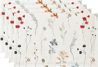LilyCat Linen Fabric Floral Placemats, Waterproof Durable Boho Dining Table Mats for Kitchen, Rustic Vintage Washable Place Mats Set of 4, 18’’× 12’’