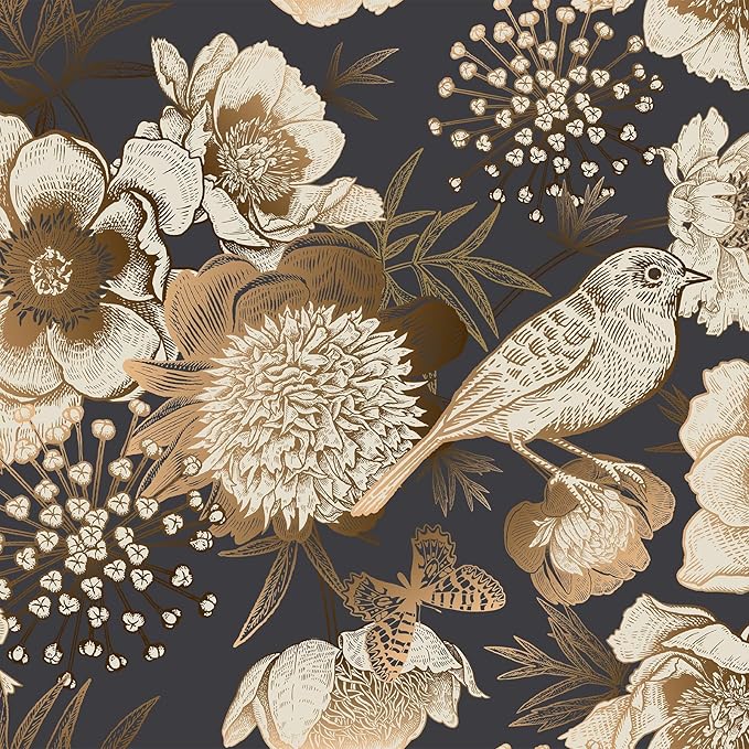 Floral & Birds Peel and Stick Wallpaper Antique Gold Dark Self Adhesive Removable Floral Wallpaper for Bedroom Renter Friendly Floral Contact Paper for Bedroom Bathroom Walls Shelf Liner 17.7"x118.1"