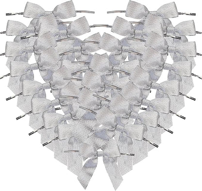 50pcs 3-1/2" Metallic Silver Glitter Ribbon Bows with Twist Ties for Gift Wrapping Packing Christmas Big Bows for Holiday Decoration (Silver)