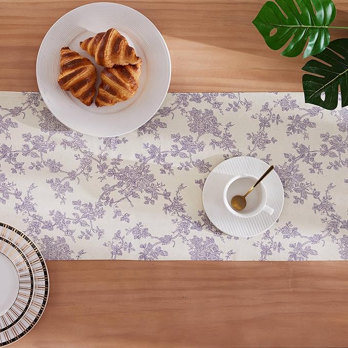 100% Cotton French Pastoral Table Runners, 13x108 Inch Purple Farmhouse Table Runners 108 Inches Long, Vintage Flowers Print Home Decors