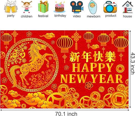 Chinese New Year Party Backdrop Happy 2026 Chinese New Year Party Background Decorations Lunar Year of The Horse Theme Photography Backdrop for 2026 Spring Festival Party Supplies