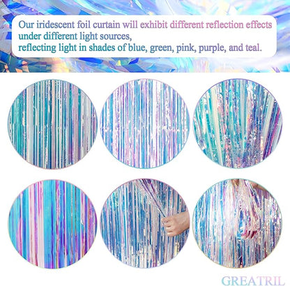 Iridescent Party Streamers Backdrop - GREATRIL Neon Transparent Holographic Tinsel Foil Fringe Curtain for Mermaid/Frozen/Sea/Euphoria/ERAS Party Theme Decorations 3.2ft x 6.5ft 2 PCS
