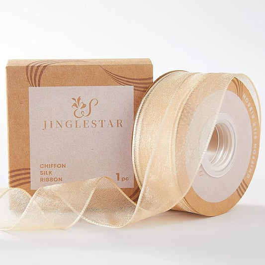 1 Inch Wide Sheer Chiffon Ribbon - Pearl Silk Woven Ribbon Suitable for Gift Wrapping, Wedding Decor, Home Decor, Girl Hair Accessories Handmade DIY (25 Yards/roll) (Champagne)