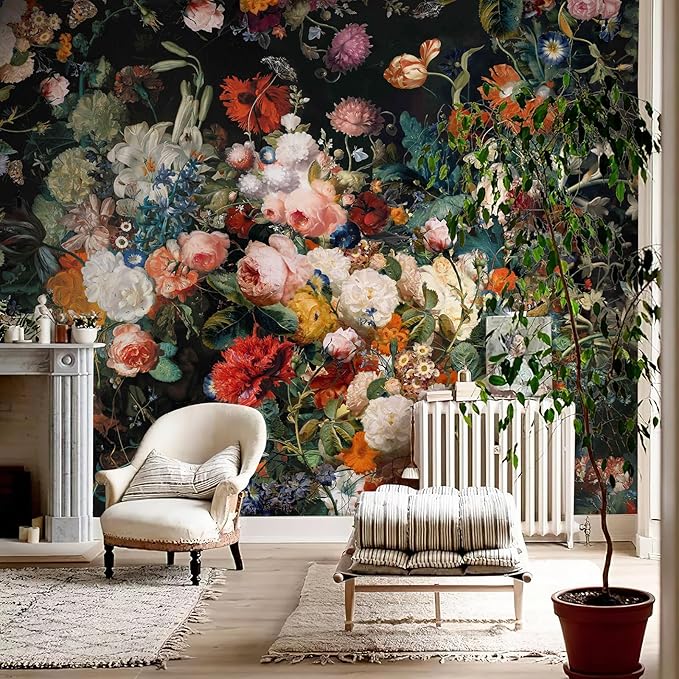 Zeeko Dark Floral Wallpaper Peel and Stick 148" W x 98" H Waterproof Canvas Fabric Vintage Moody Large Wall Mural Self Adhesive Removable Wall Paper for Bedroom Living Room Art Deco