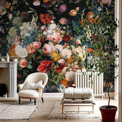 Zeeko Dark Floral Wallpaper Peel and Stick 148" W x 98" H Waterproof Canvas Fabric Vintage Moody Large Wall Mural Self Adhesive Removable Wall Paper for Bedroom Living Room Art Deco