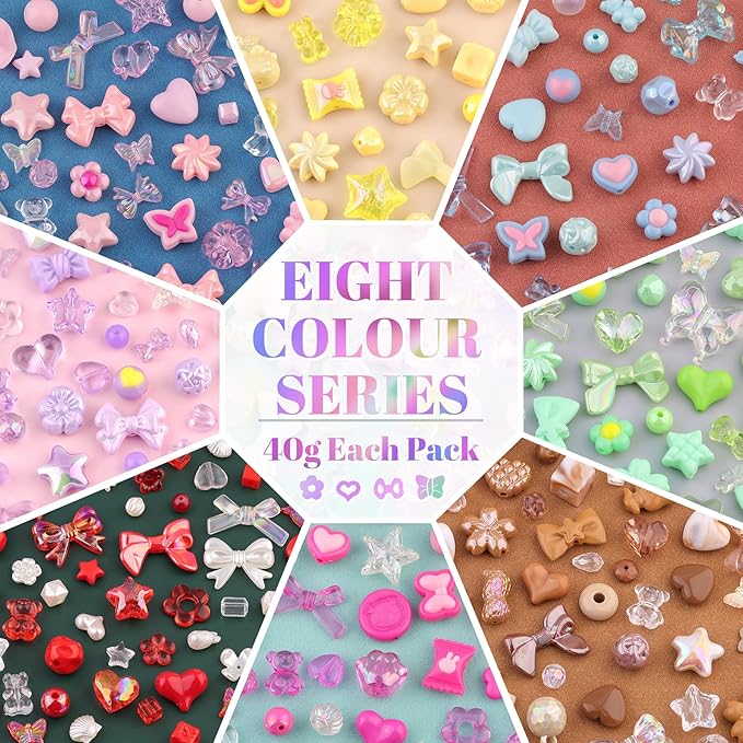 Assorted Acrylic Beads, 500-550PCS 8 Colors Series Cute Beads for Bracelet Making, GummyBear Bow Candy Kawaii Charms for Jewelry Making DIY Necklace Keychain Phone Charm Christmas Gift