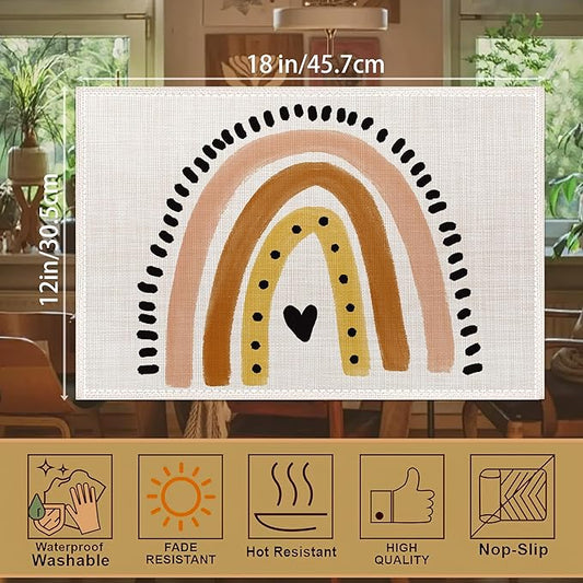 Cute Boho Rainbow Placemats Set of 6, 12x18 Inch Waterproof Stain Resistant Linen Table Placemats Summer Seasonal Farmhouse Kitchen Party Decor Home Decor