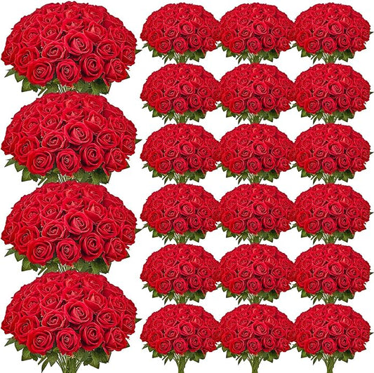 VEVOR Artificial Flowers, 500 pcs Real Looking Red Foam Fake Roses Bulk, Faux Red Bridal Shower with Stems for DIY Wedding Bouquets, Home Centerpieces Arrangements, Party Tables Decorations
