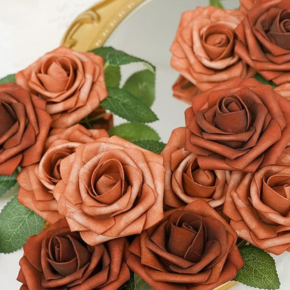 Artificial Flowers, 25pcs Artificial Rose for DIY Wedding Bouquets Centerpieces Arrangements,Shades of Terracotta and Dark Teal Foam Roses with Stem for Party Home Decorations