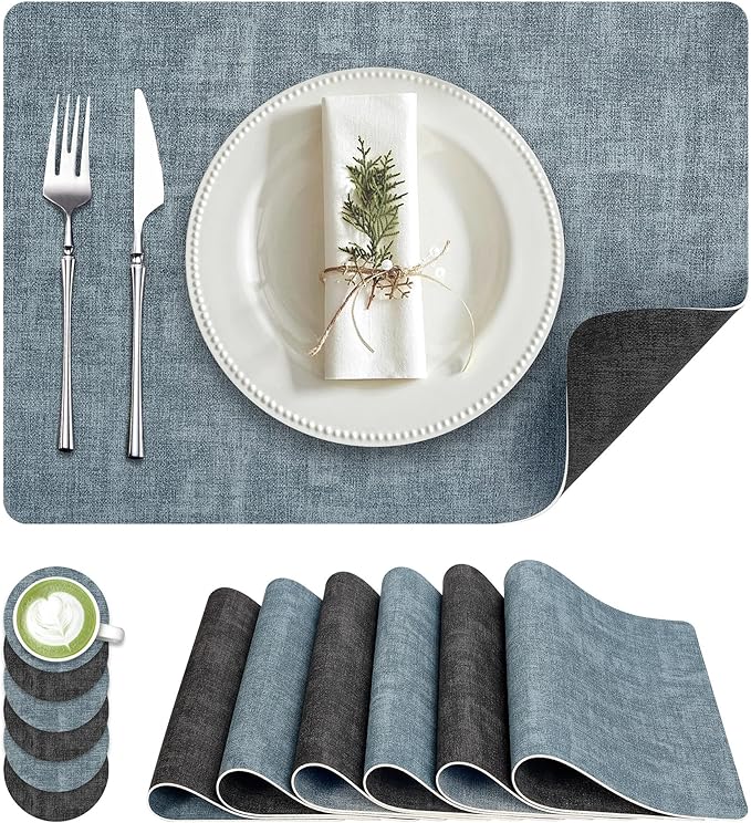 Placemats Set of 6, Faux Leather Heat Resistant Wipeable Placemats, Dual Sided Waterproof Washable Table Mats with Coaster, Suitable for Kitchen, Dining, Table Decor (6, Black Light Blue)