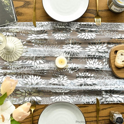 Artoid Mode 3PCS White Silver Dahlia Flower Gauze Table Runner 120 Inch 10FT, Glitter Metallic Foil Seasonal Sheer Dining Holiday Table Decor for Home Party