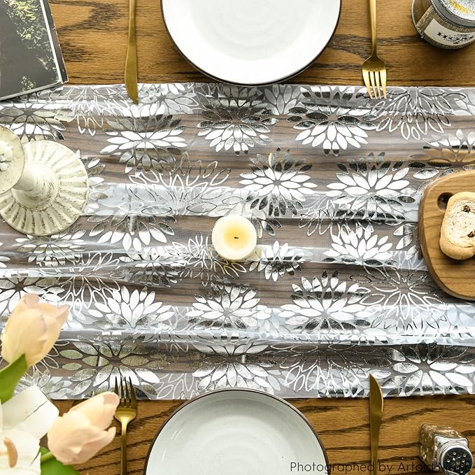 Artoid Mode White Silver Dahlia Flower Gauze Table Runner 120 Inch 10FT, Glitter Metallic Foil Seasonal Sheer Dining Holiday Table Decor for Home Party