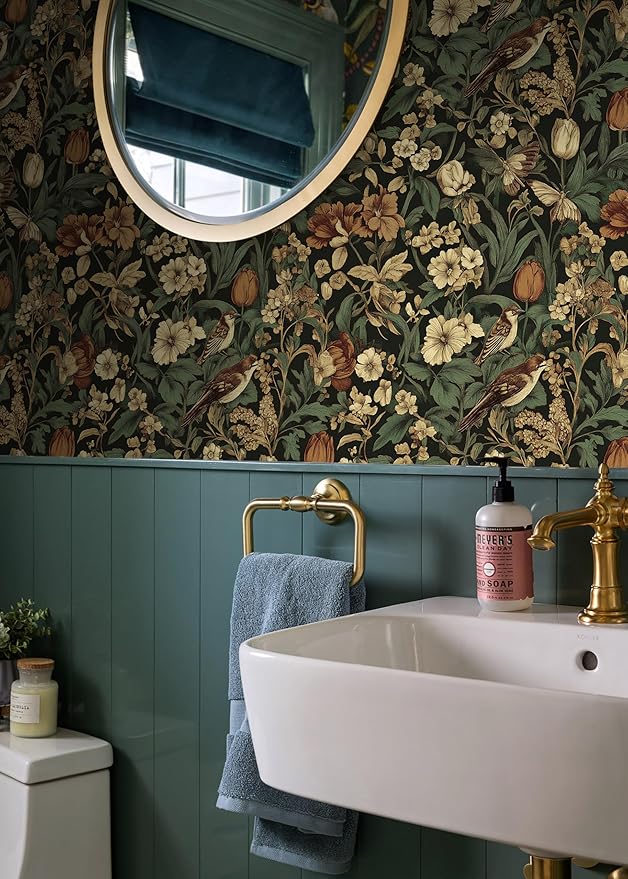 Erfoni 17.3" x118" Vintage Floral Peel and Stick Wallpaper Dark Floral and Bird Contact Paper DIY Self Adhesive Removable Wallpaper for Bedroom Cabinets Decor Retro Boho Flower Leaf Wall Paper
