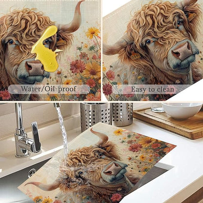 Highland Cow Fall Placemats Set of 6,Washable Heat Resistant 12×18 Inch Linen Table Mats Summer Fall Place Mats for Party Outdoor Dining Décor