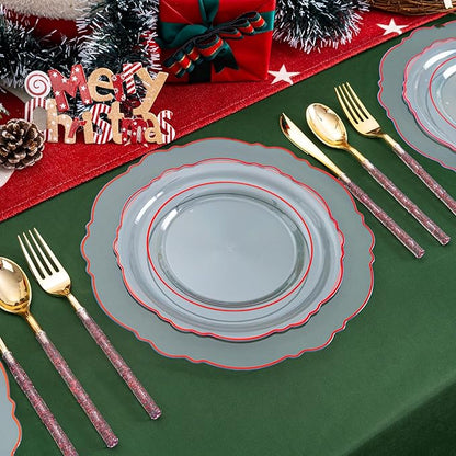 Liacere 150PCS Clear and Red Plastic Plates-Clear Red Disposable Plates with Glitter Bamboo Handle Cutlery-60 Baroque Elegant Plates,30 Forks,30 Spoons,30 Knives for Wedding&Christmas