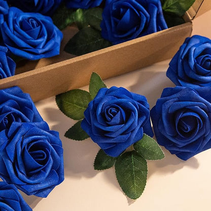 Royal Blue Rose 50pcs Foam Rose Real Looking Fake Rose with Stems Leaves for Home Decoration Party Garden Centerpieces DIY Wedding Bouquets（Royal Blue）