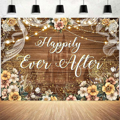 Happily Ever After Backdrop Bridal Shower Wedding Party Brown Wood Photography Background Boho Floral Golden Rose Dots Wedding Decor Banner Portrait Photo Booth Studio Props 10x7ft FU073YL