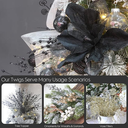 Sea Team 24-Pack Artificial Glitter Berry Stem Ornaments, Decorative Bead Sticks, Glittery Twigs, Picks, Branches for Christmas Tree, Small Vase, Holiday, Wedding, Party (17 Inches, Black)