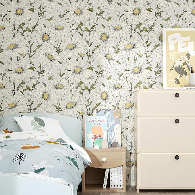Boho Wallpaper Peel and Stick Daisy Floral Wallpaper 17.5in x 9.8ft Vintage Leaf Contact Paper Vinyl Self Adhesive Removable Modern Floral Wall Paper for Bedroom Walls Cabinet Drawer