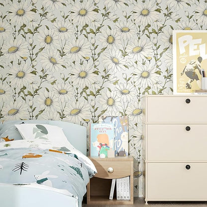 Boho Wallpaper Peel and Stick Daisy Floral Wallpaper 17.5in x 9.8ft Vintage Leaf Contact Paper Vinyl Self Adhesive Removable Modern Floral Wall Paper for Bedroom Walls Cabinet Drawer