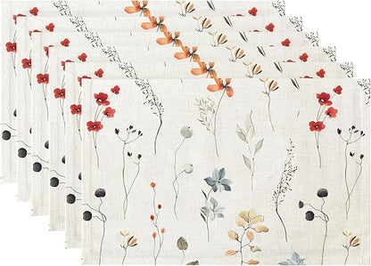 LilyCat Linen Fabric Floral Placemats, Waterproof Durable Boho Dining Table Mats for Kitchen, Rustic Vintage Washable Place Mats Set of 6, 18’’× 12’’